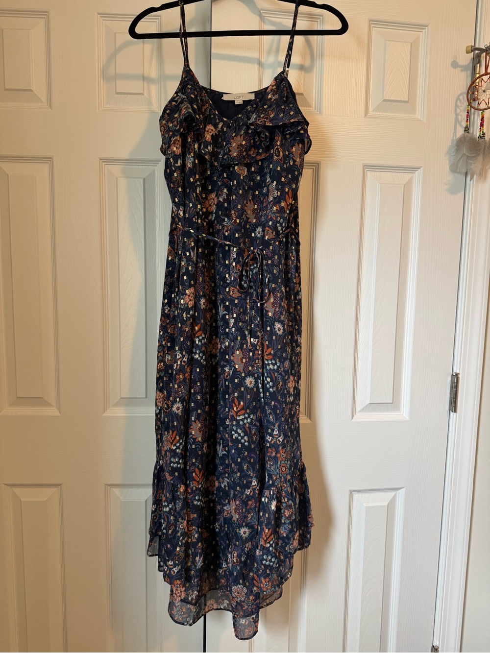 LOFT Navy Floral Ruffle Dress with Gold Accents - Picture 2 of 2
